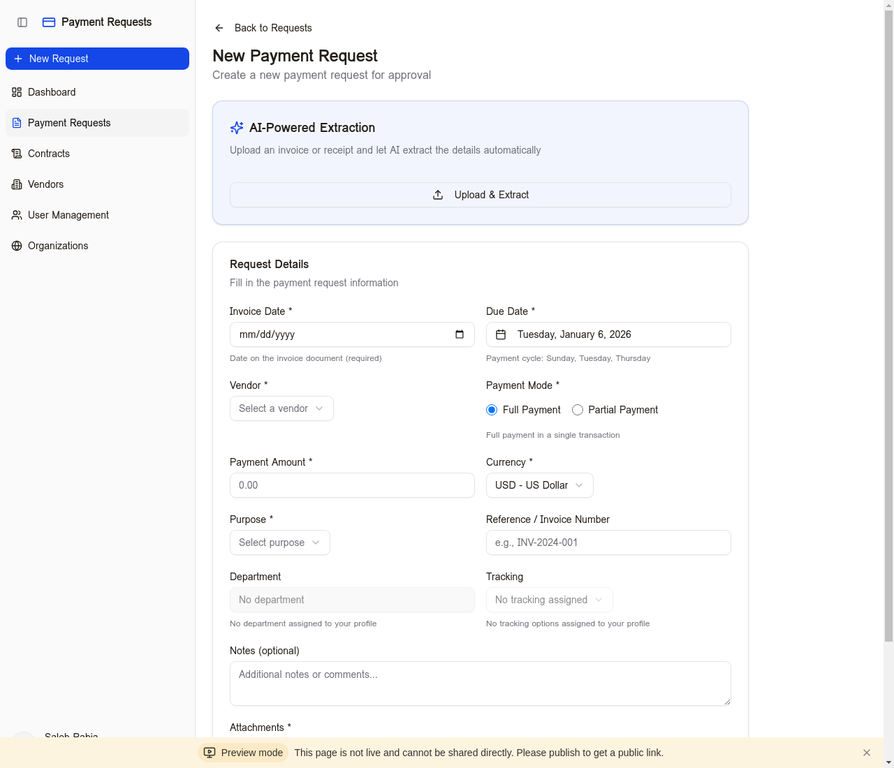 Payment request form with AI-powered extraction and smart fields